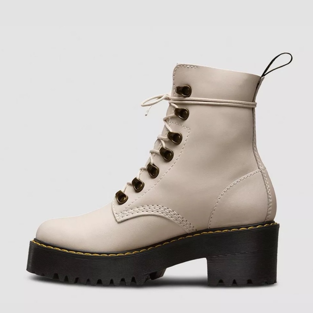 Dr. Martens Leona Temperley Leather Heeled Boots in Bone